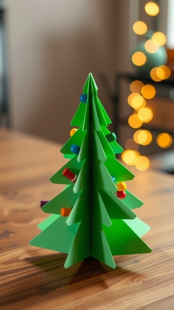 An origami Christmas tree made from green paper, decorated with colorful markers and ornaments on a wooden table.